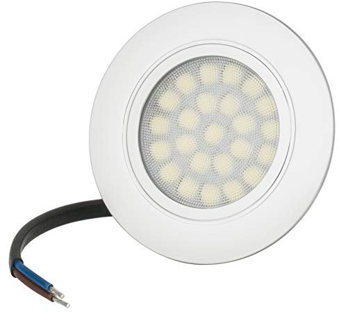 JungesLicht Flache LED Möbeleinbauleuchte 4W 230Volt - kein Trafo nötig - IP44 Feuchtraumleuchte, Lichtfarbe Warmweiß 3000K 300Lumen, Außen 70mm, passend für Löcher von 56-58mm, Tiefe 20mm