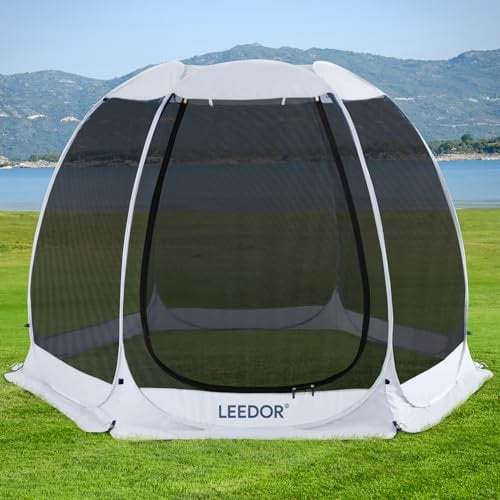 Leedor Gazebo per patio, casa, camera, 4-6 persone, pergole, zanzariera, tenda da campeggio, tenda da pranzo, parasole pop up, riparo, pareti in rete, non impermeabile, grigio, 3 x 3 m
