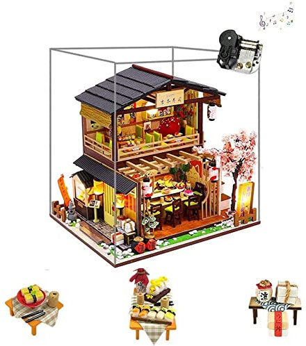 Kit fai da te in miniatura per casa delle bambole con scatola antipolvere e carillon, negozio di sushi giapponese, mobili per casa delle bambole 3D in legno, puzzle creativo, regalo di compleanno per