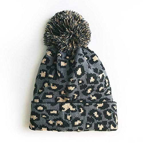 MoonyLI Unisex Erwachsene Leopard Strickmütze Beanie Cap Mit Großem Pompom - Warme Wollmütze für den Winter