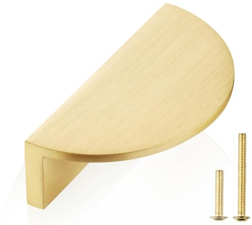 QOGRISUN Confezione da 5 maniglie in ottone massiccio a mezza luna, maniglie dorate per cassettiere, accessori da cucina in rame, foro centrale da 5 cm, lunghezza totale 7,6 cm, finitura spazzolata