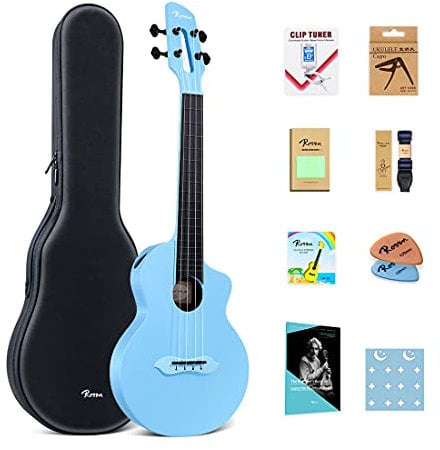 Rosen Nova Konzert-Ukulele für Erwachsene und Kinder, Ukulele, Anfänger-Set, Ukulele, 58,9 cm, Kohlefaser, Reise-Ukulelen mit Koffer, Gurt, Kapodaster, Saiten und Plektrum, Blau