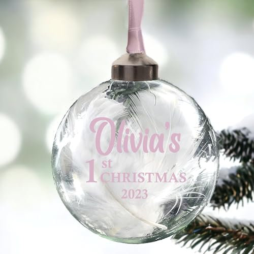 Personalised First Christmas Bauble In 11 Colours Filled With White Feathers Babies 1st Xmas tree decoration (Pink)