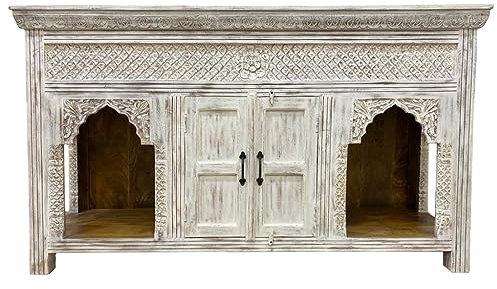 Oriental Galerie Konsolentisch Priya Indische Kommode Sideboard aus Mangoholz mit Schnitzerei Konsole Weiß Whitewash 165 cm