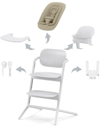 CYBEX Gold LEMO Hochstuhl 4in1-Set, Mitwachsend, 0 - 99 Jahre, Ab Geburt, Inkl. Bouncer Nest, Baby-Set, Snack Tray, Neugeboreneneinlage und Adapter-Set, Buchenholz/Aluminium/Kunststoff, All White