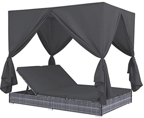 Hommdiy Sonnenliege mit Vorhängen Gartenliege Lounge Doppelliege Relaxliege Sonnenbett Doppelbett Gartenmöbel Liege Liegestuhl Poly Rattan Sun Lounger Poly Rattan Garden Grau