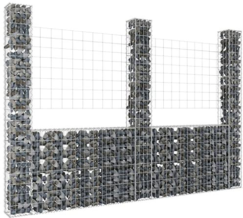 Gecheer Gabionenkorb U-Form mit 3 Säulen Gabione Gabionen Steinkorb Steingabionen Sichtschutz Drahtkorb Drahtzaun Eisen 260x20x200 cm