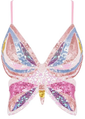 Mocure, glitzerndes Pailletten-Bauchfreies Damen-Top mit Schmetterlingsmuster, tief ausgeschnittenes Tanktop, Rave-Röhren-Top, geeignet für Bauchtanz-Kostüme