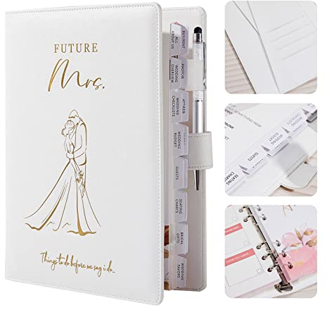 AW BRIDAL Best Engagement Gifts For Her Bride To Be Gifts∣Future Mrs Leather Wedding Planner Book And Organizer For The Bride Wedding Planning Notebook Budget Planner Binder, 140 Pages, White