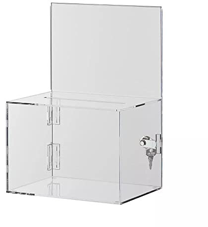 Spendenbox „Setis“ mit Schloss und Plakateinschub, Acrylspendenbox, Losbox aus Acrylglas, Einwurfbox