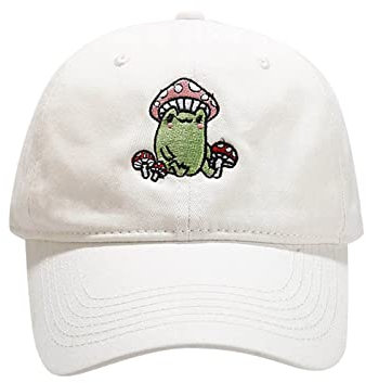 Women Men Cartoon Frog Mushroom Embroidered Baseball Cap Casual Cute Sport Outdoor Cotton Adjustable Trucker Dad Cap for Children Unisex White One Size