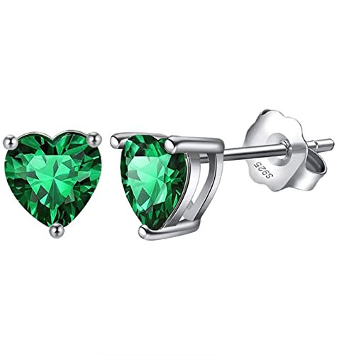 Bellitia Jewelry Boucles d'oreilles Coeur d'amour pour Femme, Clou d'oreilles en Argent Sterling 925 avec Émeraude verte Coeur Facile Beaux Bijoux Cadeau pour les Femmes Filles