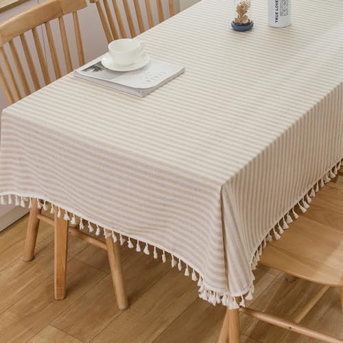 Plenmor Leinen Abwaschbare Tischdecke Baumwolle, Leinenoptik Tischdecke Abwaschbar 140x180 Table Cloth Boho Tischdecke Beige für Rechteckig, Küchentisch, Geburtstag, Outdoor Tischdecke
