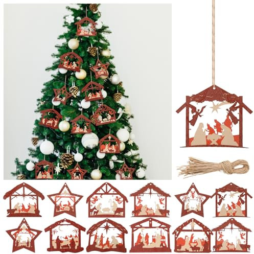 Soaoo 24 Stück Weihnachtskrippe Weihnachten Ornament Holz Hängende 3D Krippe Baum Ornamente Die Geburt Jesu Dekoration Ornamente für verschiedene Heilige Familie Religiöse Heimdekoration (Jesus Stil)