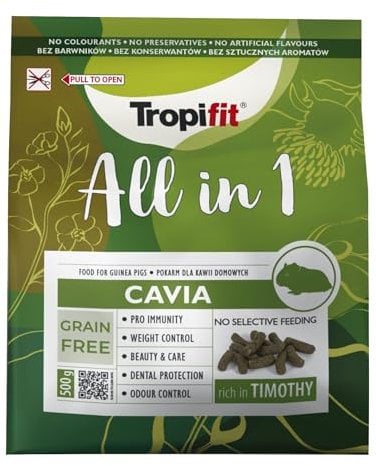 Tropifit All in 1 Cavia 500g - Futter für Meerschweinchen – extrudiertes Alleinfutter Getreidefrei, Ballaststoffreich – Mit Wiesengras, Kräutern & Ringelblumenblüten