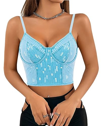 Naimo Damen Pailletten Top Bustier Korsett Push Up Crop Top Spaghettiträger Cami Corsage Weste Club Party Tank Tops