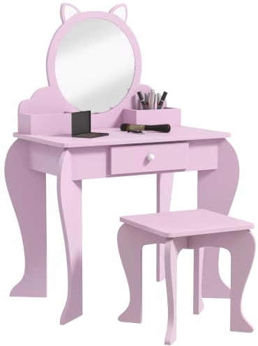 ZONEKIZ Kids Dressing Table with Mirror Stool for Ages 3-6 Years Pink | Kids Vanity Table, Girls Dressing, Drawer, Storage Boxes, Cat Design