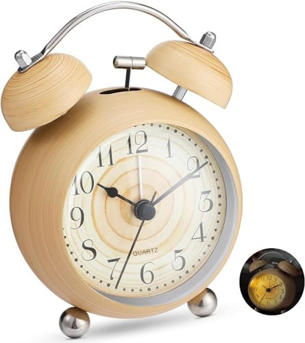 ALLOMN Retro Doppelglocken Wecker, Metall Holzmaserung Schreibtischuhr mit Nachtlicht Leise Nicht Tickend Nachttischwecker mit Leuchtendem Lautem Wecker für Schwere Schläfer Schlafzimmer Büro