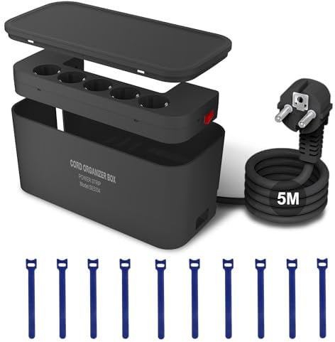 Kabelbox mit Steckdosenleiste 5M,5Fach Mehrfachsteckdose Überspannungsschutz mit Schalter und 3USB Ladeanschlüsse, Kabel Organizer Box mit Steckdosenadapter,29.5 * 14 * 14CM, 5M Kabel,Schwarz