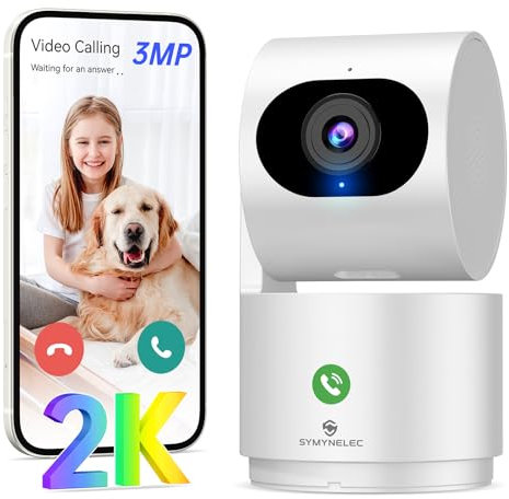 SYMYNELEC 2K 3MP Cámara Vigilancia WiFi Interior 2,4GHz, Cámara Vigilancia Bebe/Perro, Cámara de Seguridad 360° con Detección de Movimiento, Visión Nocturna, Audio Bidireccional, Compatible con Alexa