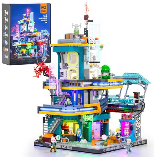 FUNWHOLE Mansión Ciberpunk Set de Ladrillos con Iluminación - 2524 Piezas, Set Modular de Edificaciones de Ciudad Futurista para Exhibición, Idea para Adultos y Amantes de la Ciencia Ficción