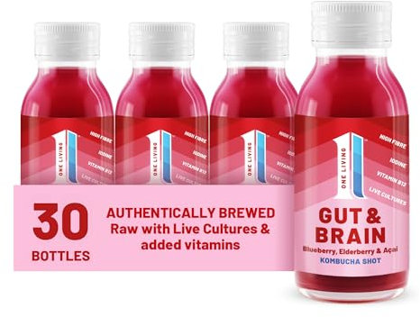 One Living Kombucha Drink Health Shots - Blueberry, Elderberry & Acai - 30 x 60ml Bottles - High Fibre, Live Cultures, Low Sugar, Vegan