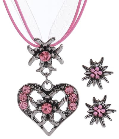 QLEUIFT Set de 3 Bijoux d'Edelweiss Fantaisie Bijoux de Dirndl Bavarois Collier d'Edelweiss Strass avec Pendentif Cœur Boucles d'oreilles d'Edelweiß pour Fête de Bière Traditionnelle, Rose