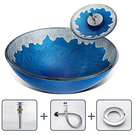 Fregadero de recipiente con textura de roca de vidrio templado sobre encimera, lavabo redondo para baño, combinado con grifo de cascada, cuenco decorativo para el hogar, hotel, balcón, 16,53 pulgadas,