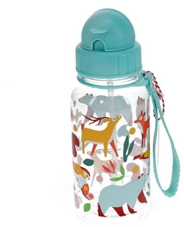 BARBACADO Bouteille Gourde Enfant 500ml avec Paille & Cordon - motif Animaux de la Forêt