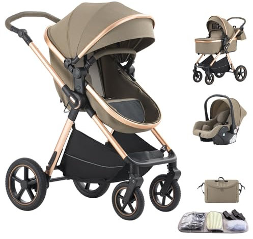 Shineey Kinderwagen 3 in 1,Kinderwagen Buggy Mit Babyschale,Mit Höhenverstellbarer Kinderwagen Komplettset Faltbare tragbare,KombiKinderwagen Mit Aluminiumrahmen für Neugeborene 0 bis 3 Jahre