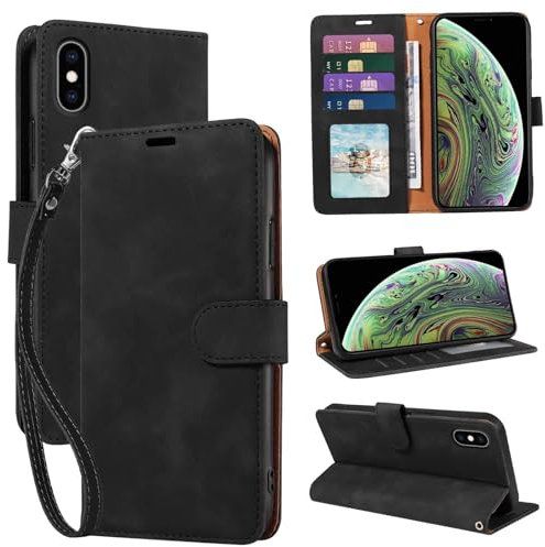 GOTOURED for iPhone X/XS Case Wallet, for iPhone 10 Case, [RFID Blocking 3 Card Slots] [Wrist Strap] [Kickstand] [Magnetic Closure] Shockproof Protective Leather Flip Cover (Black)