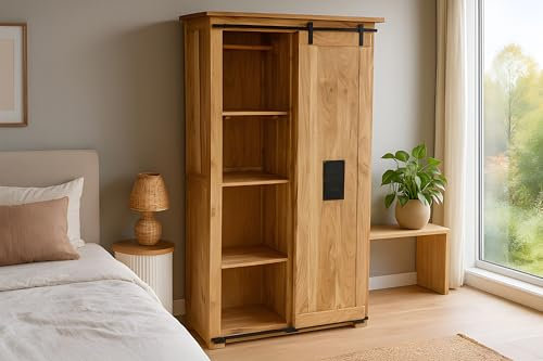 SAM Kleiderschrank Libro, Akazienholz massiv + naturfarben, Kleiderschrank mit Holzschiebetür, 3 Schubladen, Kleiderstange & 7 offene Fächer, Griffe & Reling aus Eisen, 100 x 175 x 45 cm