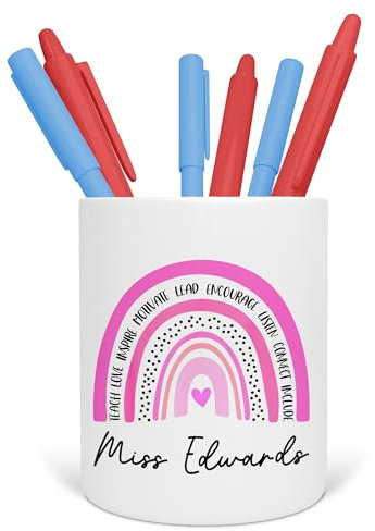 Personalised Teacher Pen Pot - Custom Rainbow Desk Organiser for School, Nursery or Office - End of Term Gift for Teaching Assistant, TA - Ceramic Pencil Holder (Pink Rainbow)