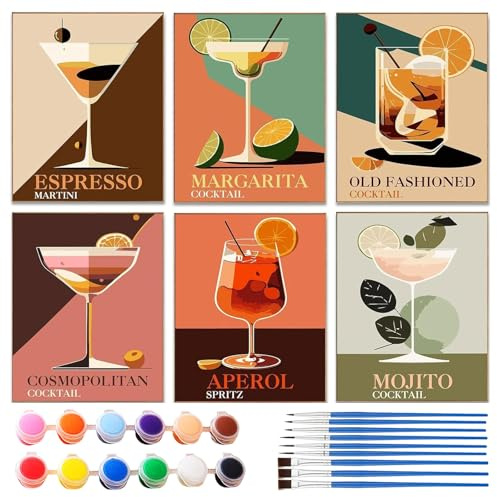 Malen Nach Zahlen Cocktail, Malen nach Zahlen Set, Cocktail-Kollektion, 6 Stück, 15 x 20 cm, Moderne Bar-Mixologie Kunst Serie (Rahmenlos, #766-6-teiliges Cocktail-Set （15 * 20cm)