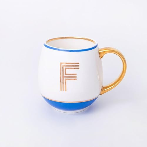 Bombay Duck Library Monogram Fine Bone China Mug, White & Blue with Pink & Gold Details, 450ml, Striped Gift Box, Hand Wash Only, Letter F
