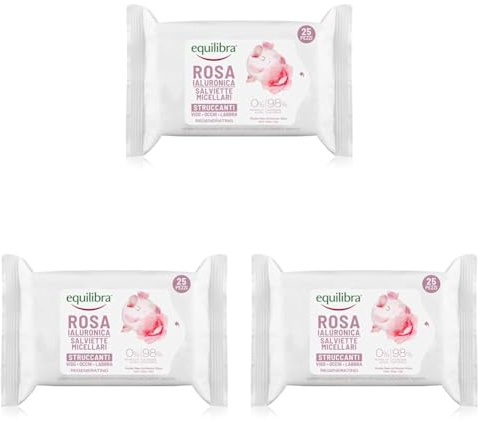 Equilibra Viso, Rosa Ialuronica Salviette Micellari Struccanti, in Tessuto con Acqua di Rosa Fermentata, Acido Ialuronico e Glicerina Vegetale, Struccano con Delicatezza, 25 pz (Confezione da 3)