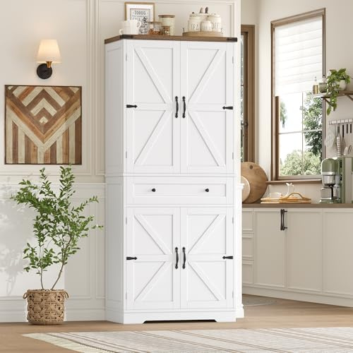hefoths 180cm Küchenschrank, Buffetschrank Vorratsschrank, Scheunentor | Hochschrank Küche mit 5 Staufächer für Küche, Wohnzimmer und Esszimmer, Weiß