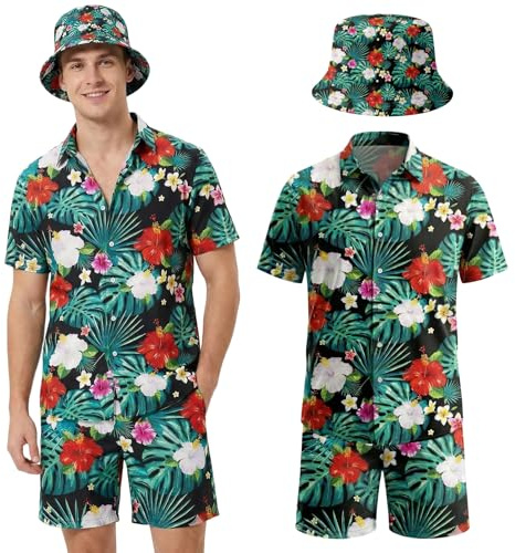 Moerstar Camicia hawaiana da uomo a maniche corte, motivo floreale tropicale, fenicotteri, palme, camicia hawaiana da uomo con pantaloncini e cappello da pescatore, camicia estiva hawaiana da uomo e