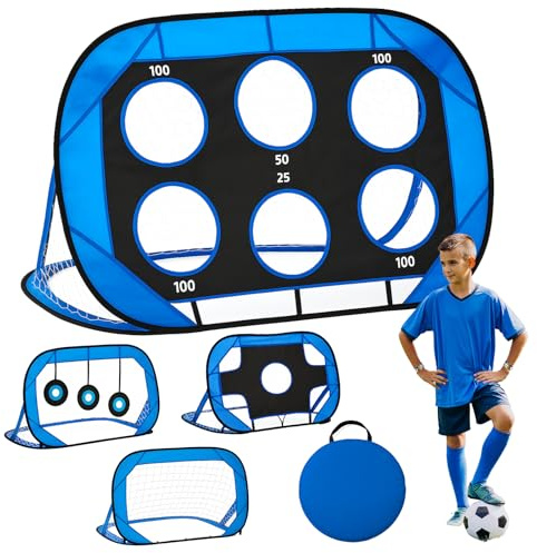 GoDyna Kinder Fußballtor 4-in-1 Set, Fussballtore faltbares Pop-Up Tor mit wechselbaren Ziel-Auflagen, Tragetasche Für Outdoor, Garten, Park & Indoor, 120×80×80 cm Geschenk Mädchen Junge