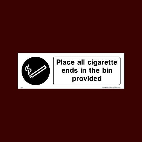 Place all cigarette ends in the bins provided Sticker/Self Adhesive Sign (PS44) - No Smoking, Building, Counter, Bar, Premises, Law, Naked Lights