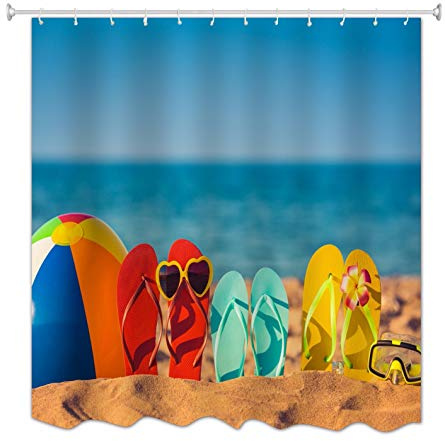 A.Monamour Chaussures De Plage Drôles Au Bord De La Mer Océan Bleu Paysage Nature Imprimer Rideau De Douche Résistant À La Moisissure Étanche pour Accessoire De Bain 180X200 Cm / 72 X78