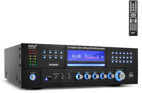 Pyle 4-Channel 1000W Power Amplifier with Bluetooth - Wireless Stereo Home Audio Receiver w/ Front Loading CD DVD Player, FM Radio, USB-A, Headphone, 2 Microphone w/ Echo, LED, Rack Mount - PD1000BA