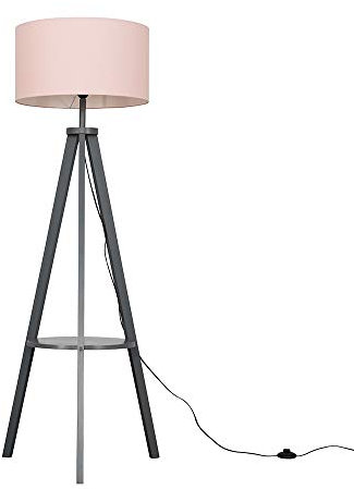 MiniSun | Modern Grey Wood Tripod Design Floor Lamp with Storage Shelf & Pink Drum Shade | Floor Lamps & Home Improvements Essential