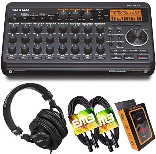 Tascam DP-008EX 8-Track Digital Pocketstudio Multirack Audio Recorder mit Pro Kopfhörer und Paar EMB XLR Kabel und Gravity Magnet Handyhalter Bundle