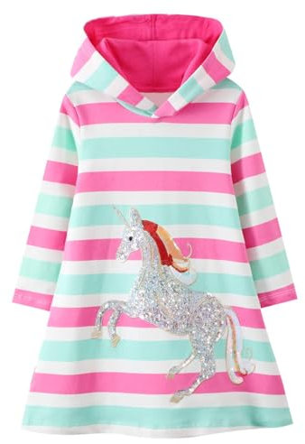 FILOWA Ragazza Felpe con Cappuccio Bambina Vestito Unicorno Paillettes Lungo Pullover Cotone Ricamo Rosa Verde Striscia Abito Autunno Inverno Manica Lunga Maglione Tunica 5-6 Anni