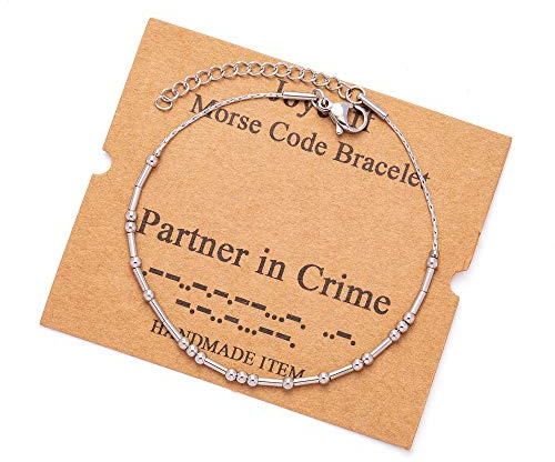 JoycuFF Partner in Crime Morse Code Bracelets for Best Friend Mom Coworker Sister Daughter Inspirational Birthday Mother's Thanksgiving Day Gifts for Women Fashion Silver Chain Bracelet