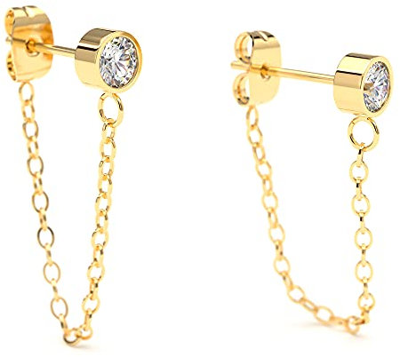 THIORA Kettenohrringe mit Steinchen | Damen | Premium Edelstahl | Zirkonia | Ohrring mit Kette (Gold)