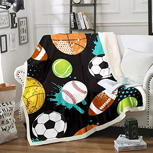 Loussiesd Sports Theme Wohndecke für Kinder Jungen Teens Jugend Basketball Fußball Baseball Drucken Kuscheldecke 3D Ball Muster Flanell Fleecedecke Sofa-Zimmer-Dekor Decke 220x240cm