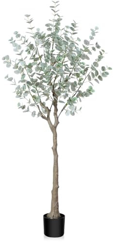 SOGUYI 150cm Künstliche Pflanzen, Eukalyptus Künstlich mit Weiss Silberdollarblättern, Künstlicher Eukalyptusbaum im Topf, Kunstpflanze Deko für Büro Garten Wohnzimmer Flur Balkon(1 Stück)