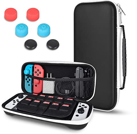 DLseego Custodia da trasporto compatibile con Nintendo Switch OLED, guscio portatile rigido ultra sottile con 10 supporti per cartucce di gioco e 6 tappi per manopole per pollice, colore nero
